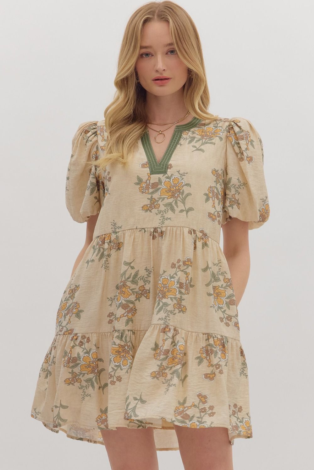 FLORAL PRINT SHORT PUFF MINI DRESS - ECRU