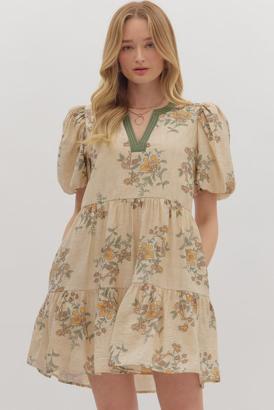 FLORAL PRINT SHORT PUFF MINI DRESS - ECRU