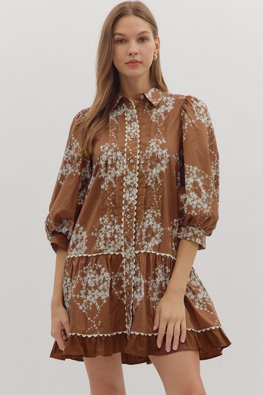FLORAL PRINT 3/4 PUFF SLEEVE MINI DRESS