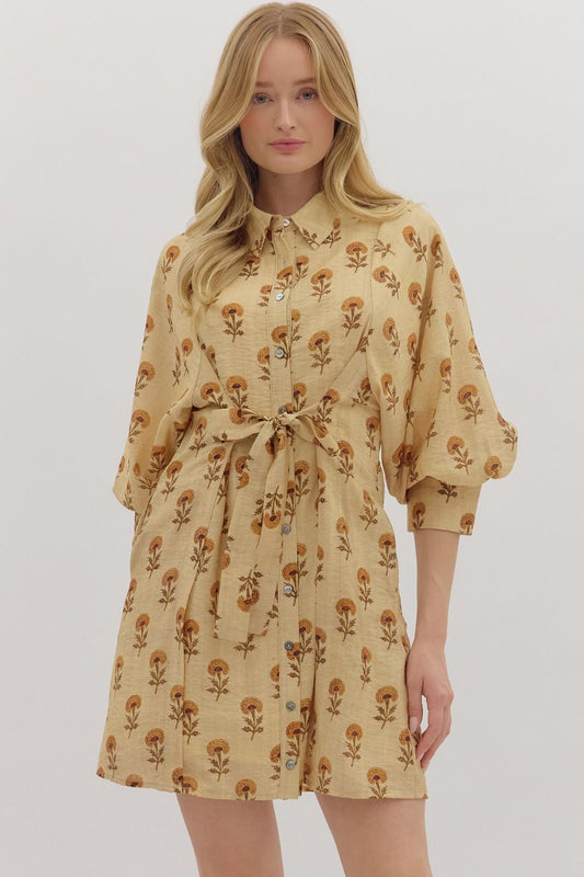 BOTANICAL PRINTED CUFFED 3/4 SLEEVE MINI DRESS - TAN