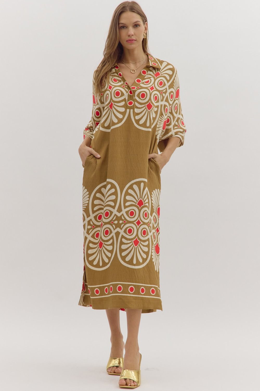 GEOMETRIC PRINT HALF SLEEVE MIDI DRESS - CAMEL