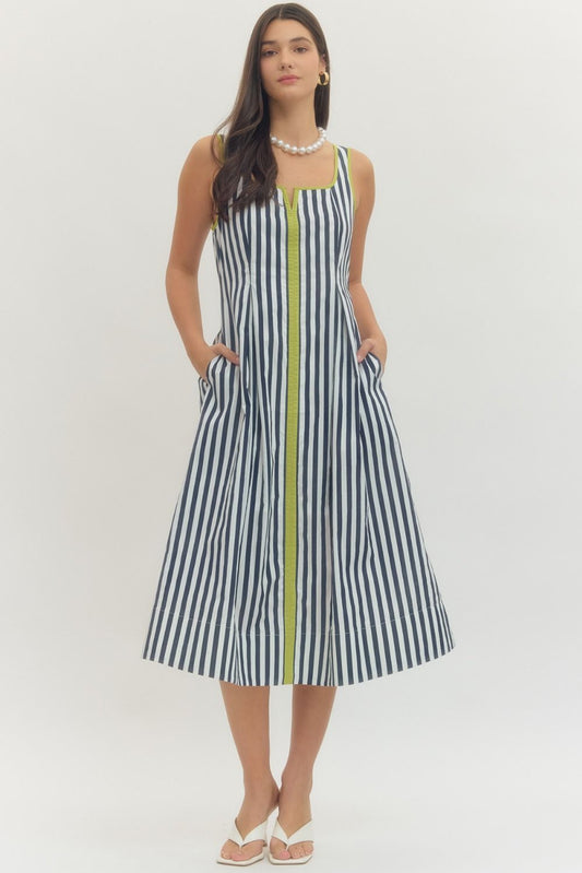 STRIPED MIDI DRESS WITH VNECK TRIM - NAVY