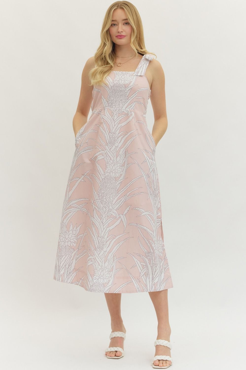 BOTANICAL PRINT SLEEVELESS MIDI DRESS - PINK