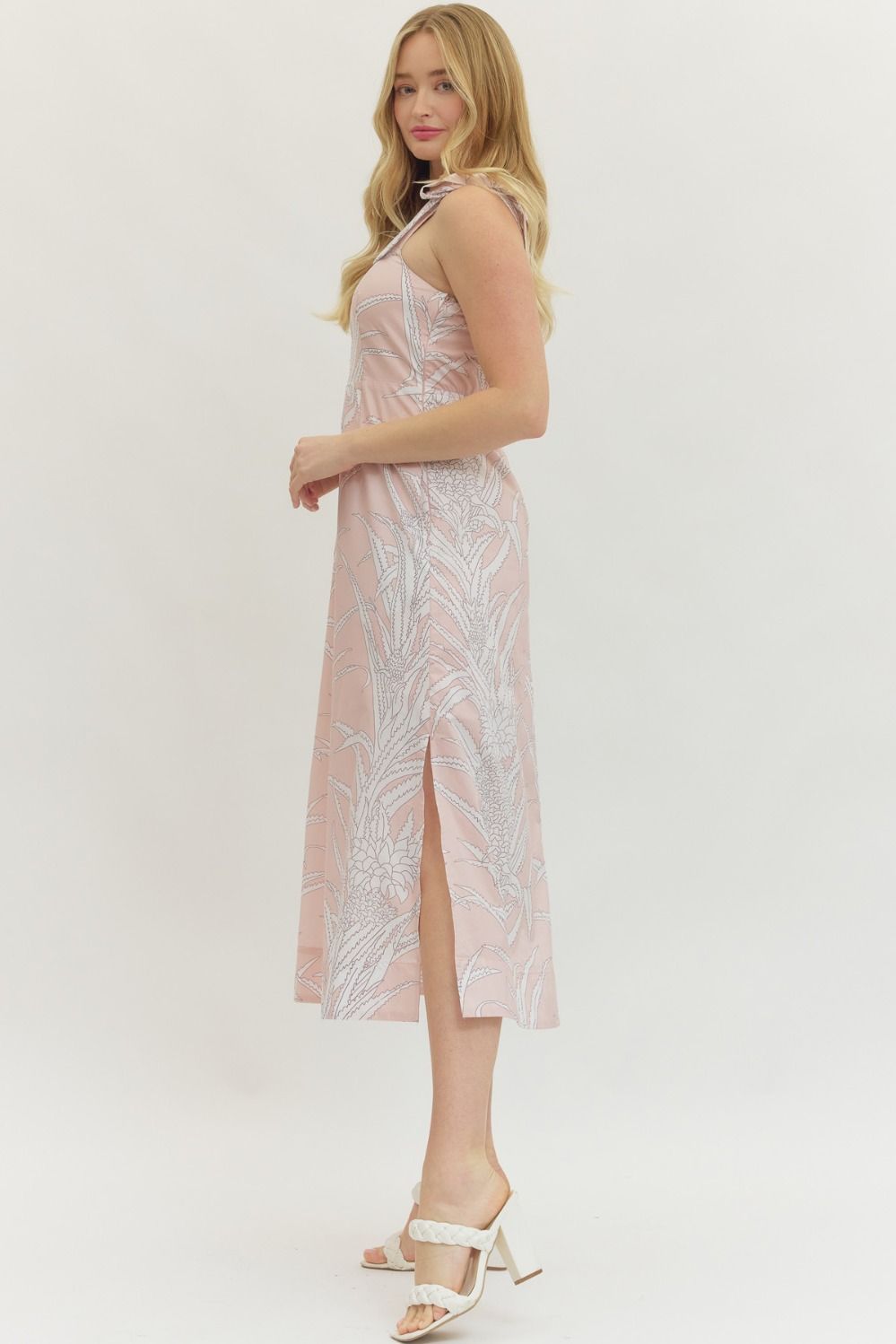 BOTANICAL PRINT SLEEVELESS MIDI DRESS - PINK
