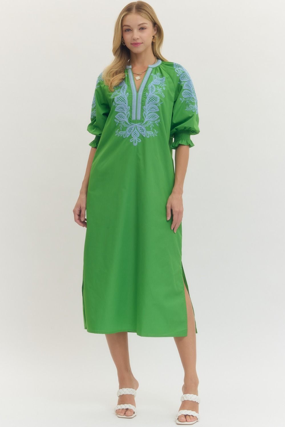EMBROIDERED V-NECK MIDI DRESS - GREEN