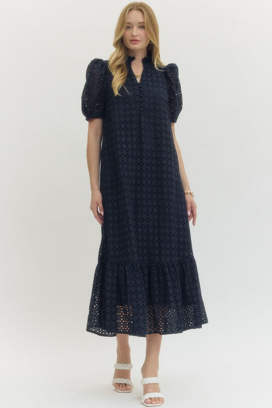 EYELET SHORT PUFF MIDI DRESS - NAVY