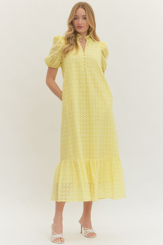 EYELET SHORT PUFF MIDI DRESS - LEMON