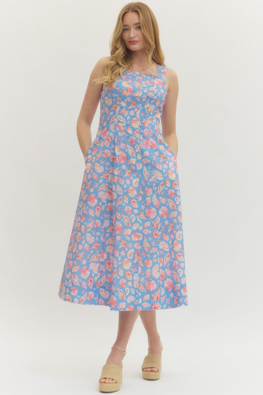 SHELL PRINT SLEEVEESS MIDI DRESS - BLUE