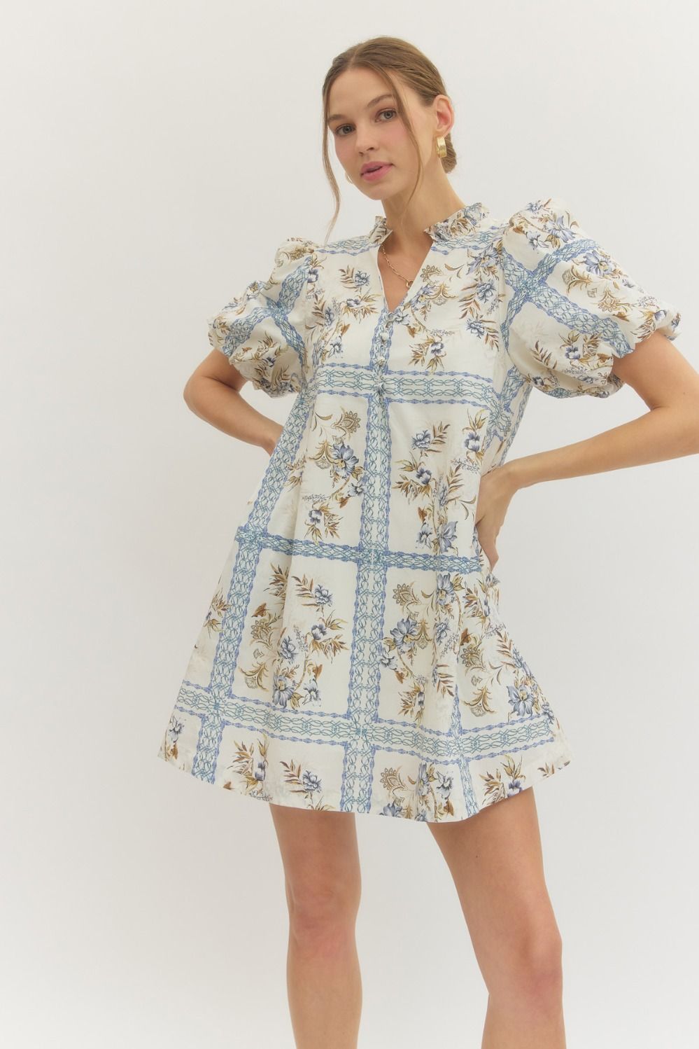 FLORAL PRINT PUFF SHORT SLEEVE MINI DRESS - CREAM