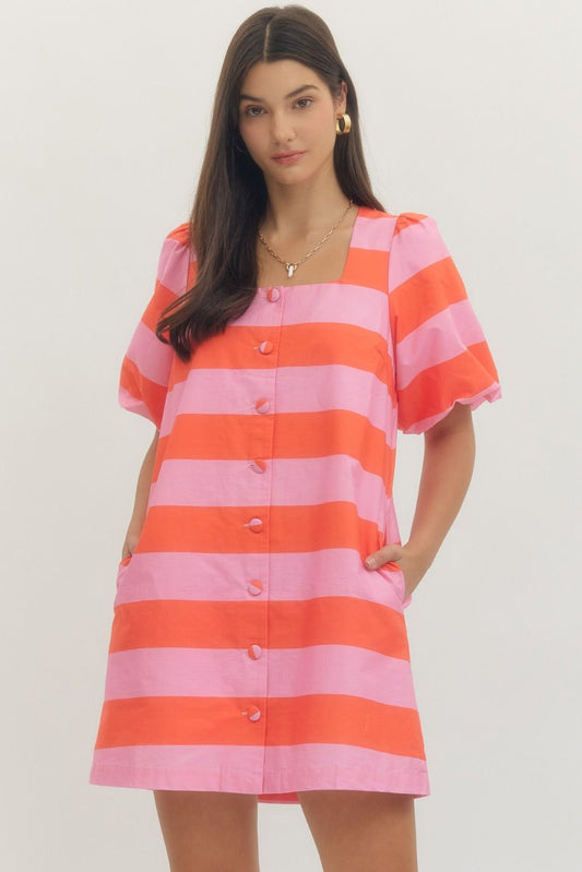 BOLD STRIPE SHORT PUFF MINI DRESS - PINK