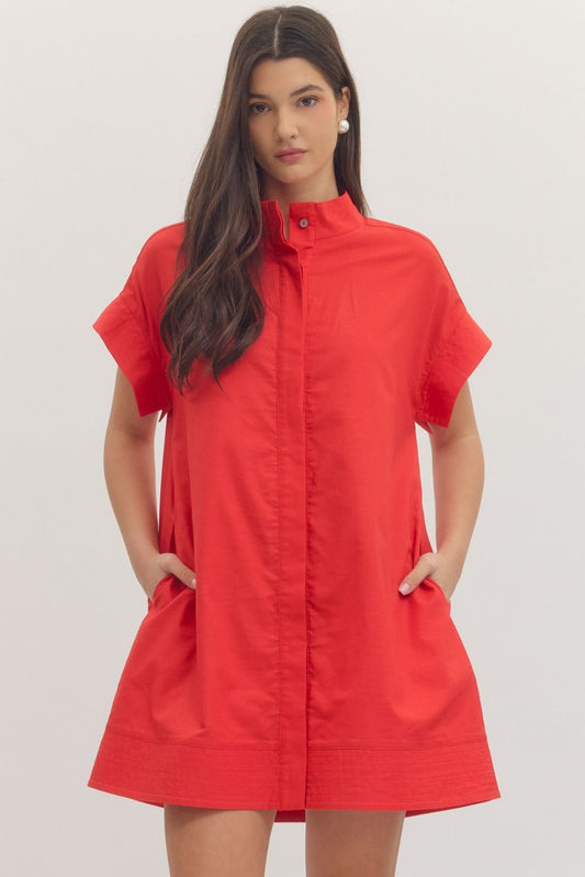 SHORT SLEEVE MINI DRESS HIDDEN BUTTON PLACKET - RED