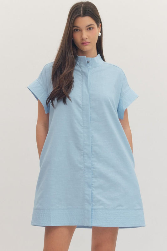 SHORT SLEEVE MINI DRESS HIDDEN BUTTON PLACKET - CHAMBRAY