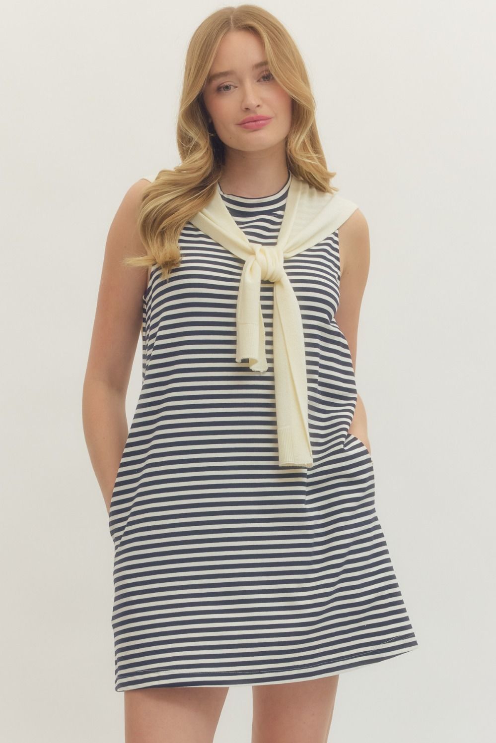 STRIPED SLEEVELESS MINI DRESS WITH ATTACHED SCARF - CREAM/NAVY