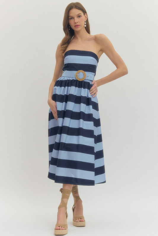 STRIPED STRAPLESS MIDI DRESS - NAVY
