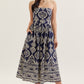 PRINTED STRAPLESS MIDI DRESS - NAVY