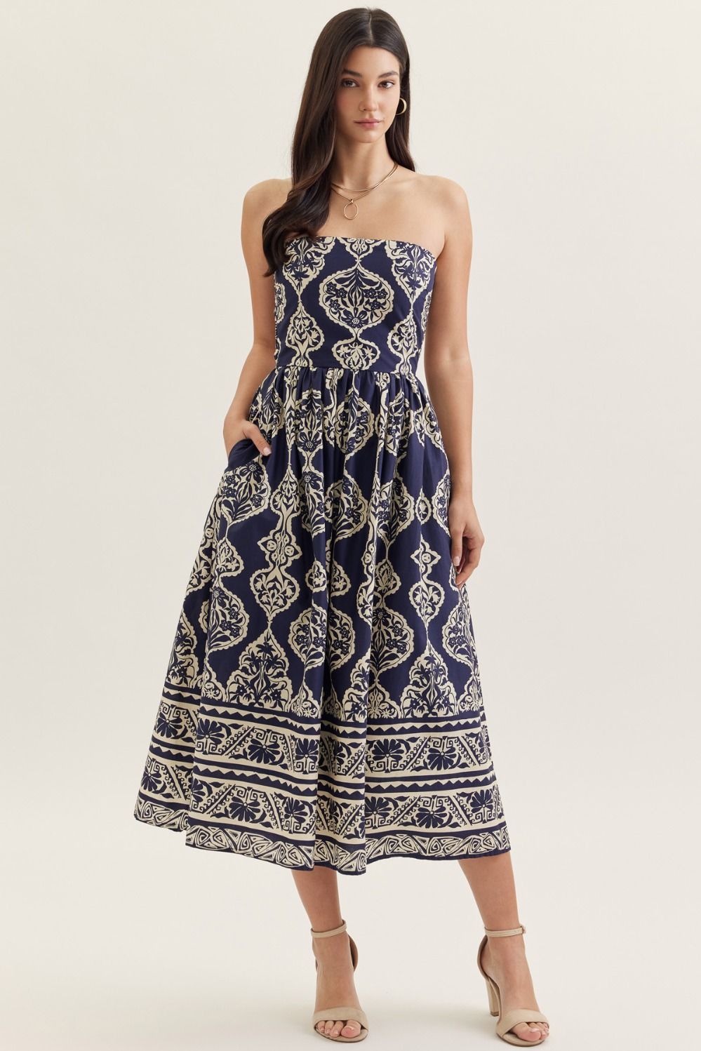 PRINTED STRAPLESS MIDI DRESS - NAVY