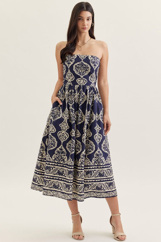 PRINTED STRAPLESS MIDI DRESS - NAVY