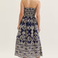 PRINTED STRAPLESS MIDI DRESS - NAVY