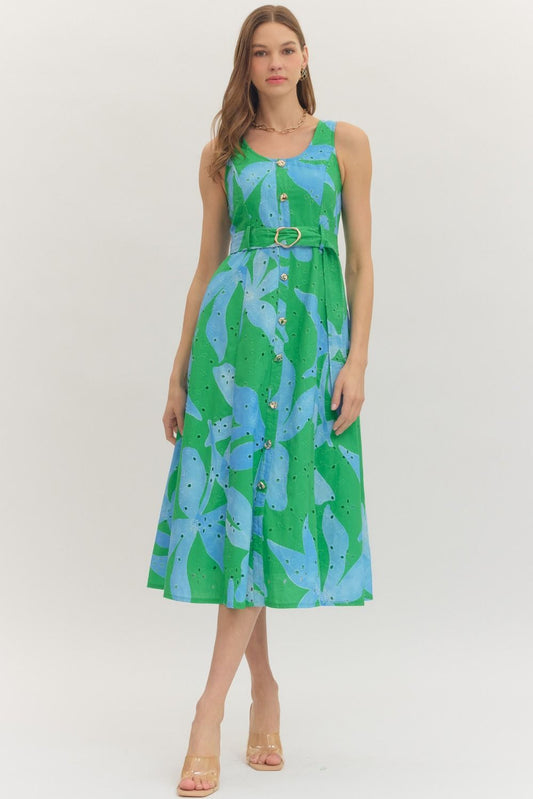 BOTANICAL MIDI DRESS WITH BELT - GREEN
