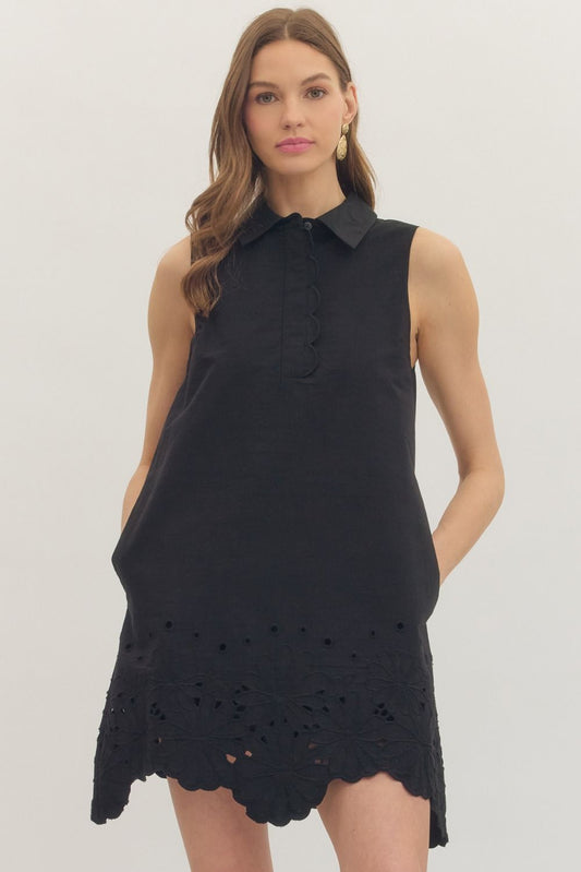 SCALLOP TRIM MINI COLLARED DRESS - BLACK