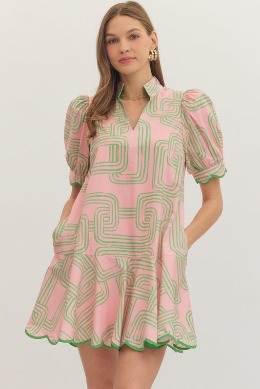 PUFF SLEEVE SCALLOPED HEM MINI DRESS - PINK