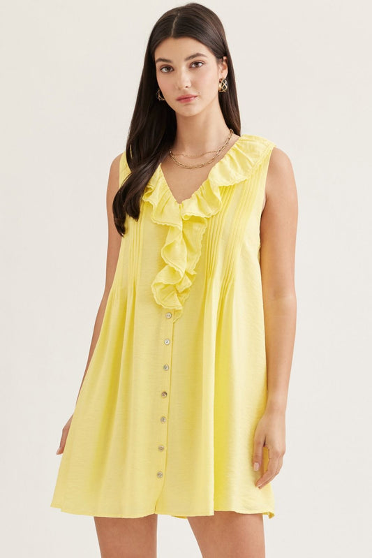 SLEEVELESS MINI DRESS WITH RUFFLE TRIM - LEMON