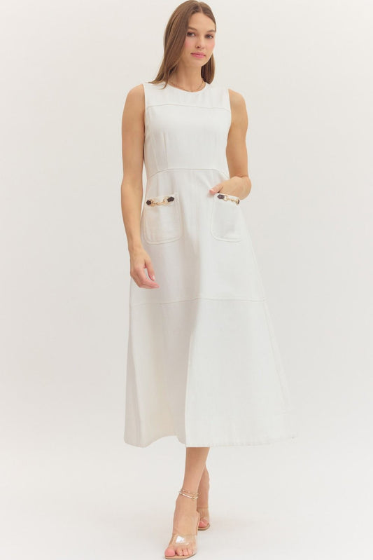 SLEEVELESS MIDI DRESS HORSEBIT DETAIL - OFF WHITE
