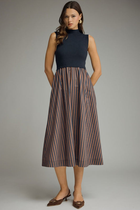 SOLID MOCK NECK SLEEVELESS MIDI DRESS - NAVY
