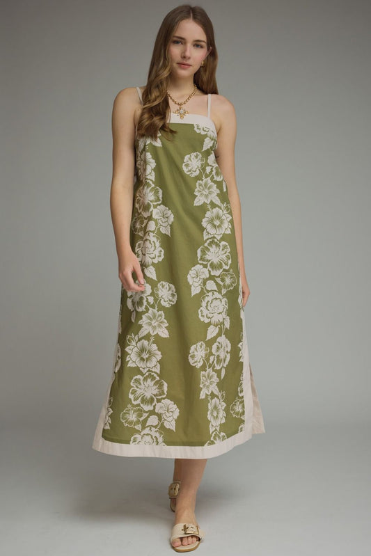 FLORAL SLEEVELESS MIDI DRESS CONTRAST TRIM DETAIL - OLIVE