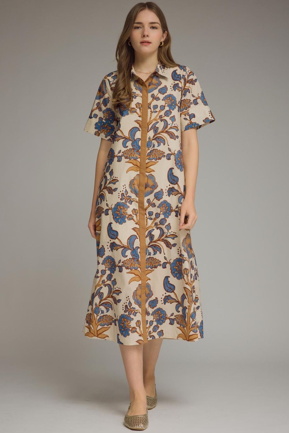 FLORAL PRINT MIDI DRESS - ECRU