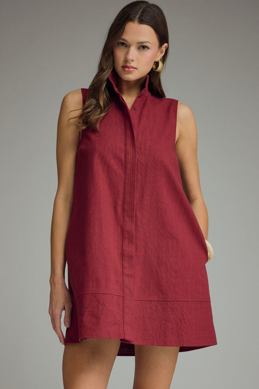 SOLID STAND COLLAR SLEEVELESS MINI DRESS - CRIMSON