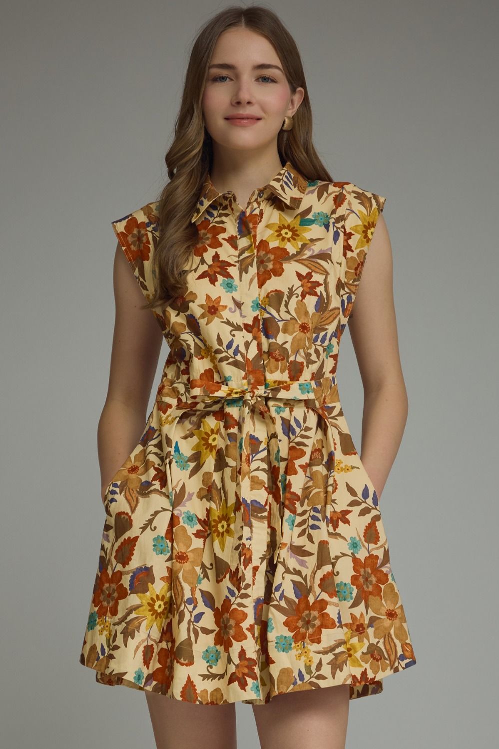 FLORAL SLEEVELESS MINI DRESS - TAN