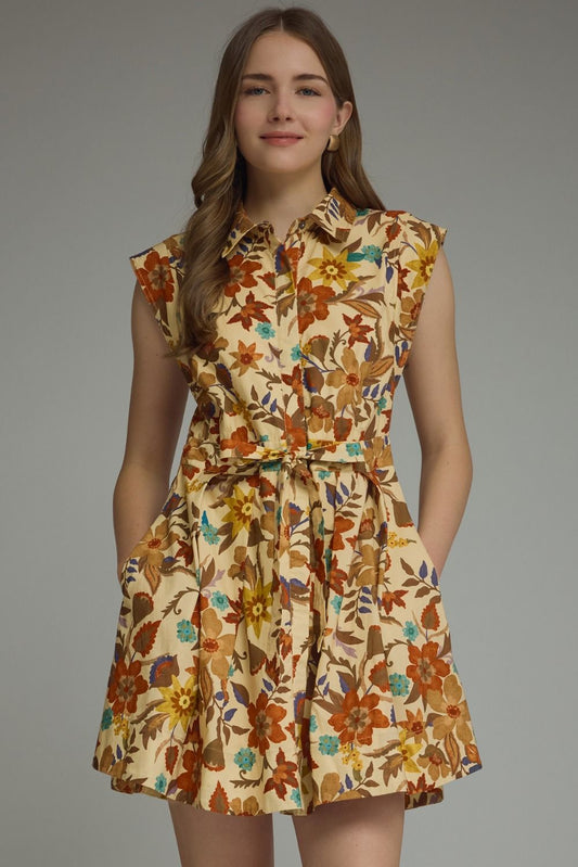 FLORAL SLEEVELESS MINI DRESS - TAN