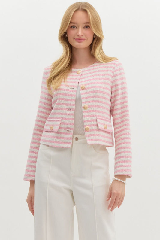 STRIPED TWEED FAUX POCKET JACKET - PINK