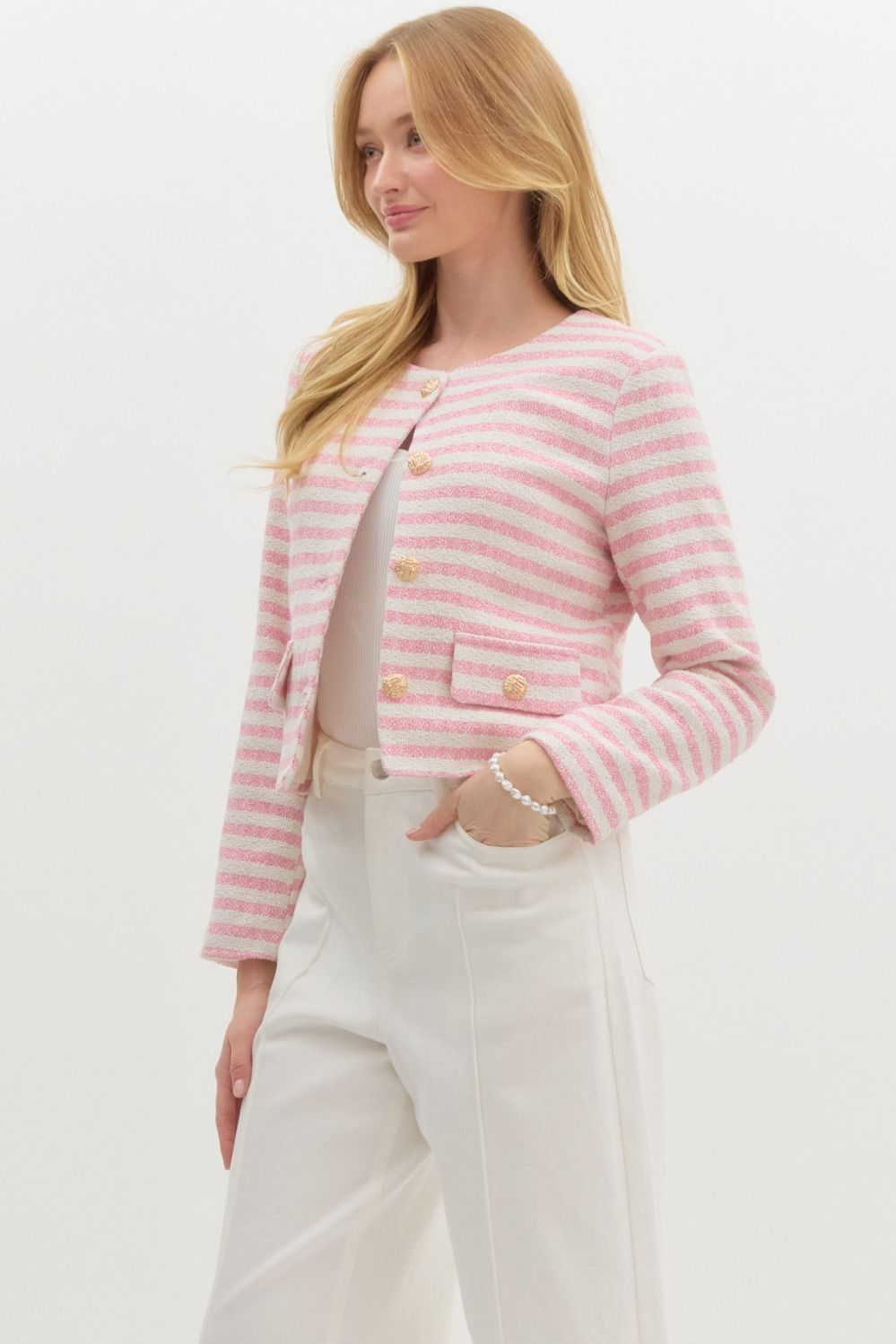 STRIPED TWEED FAUX POCKET JACKET - PINK