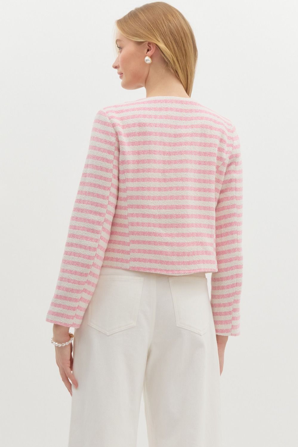 STRIPED TWEED FAUX POCKET JACKET - PINK