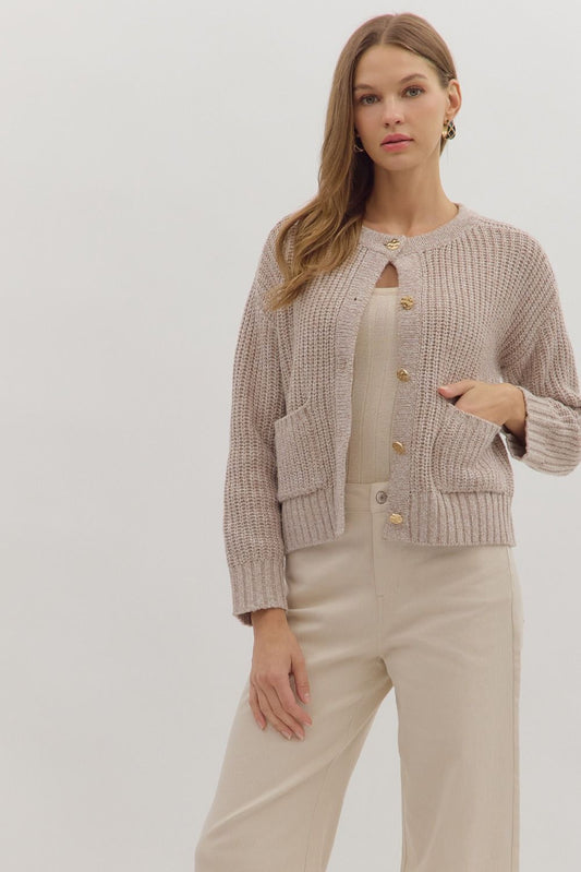 SOLID LONG SLEEVE CARDIGAN W/PATCH POCKET - OATMEAL