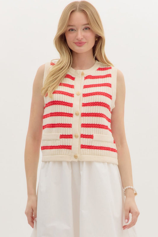 STRIPE SLEEVELESS KNIT SWEATER - RED