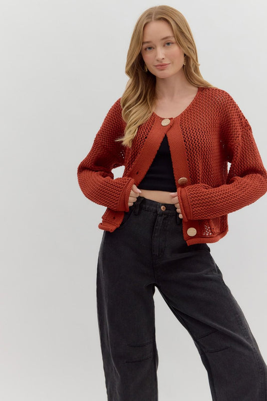 SOLID SWEATER KNIT CARDIGAN W/OVERSIZED BUTTON - RUST
