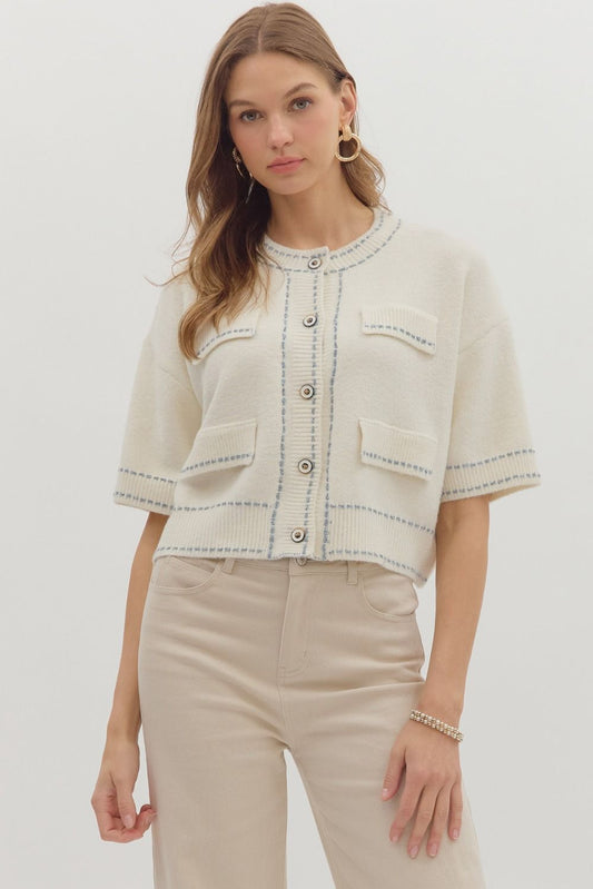 SOLID ELBOW-LENGTH CARDIGAN TOP - CREAM