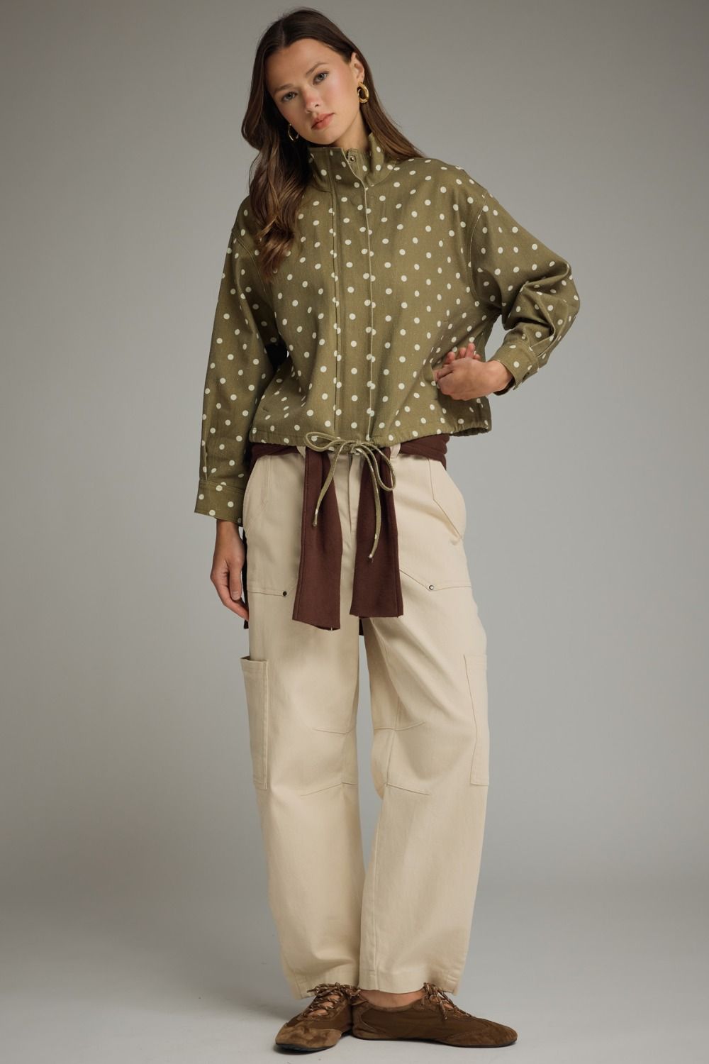 POLKA DOT COLLARED JACKET - OLIVE