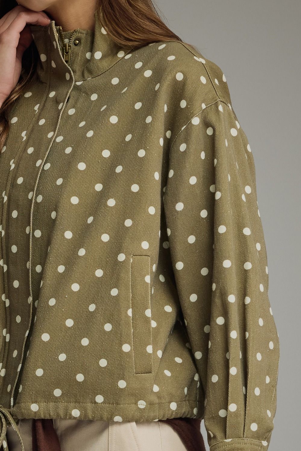 POLKA DOT COLLARED JACKET - OLIVE
