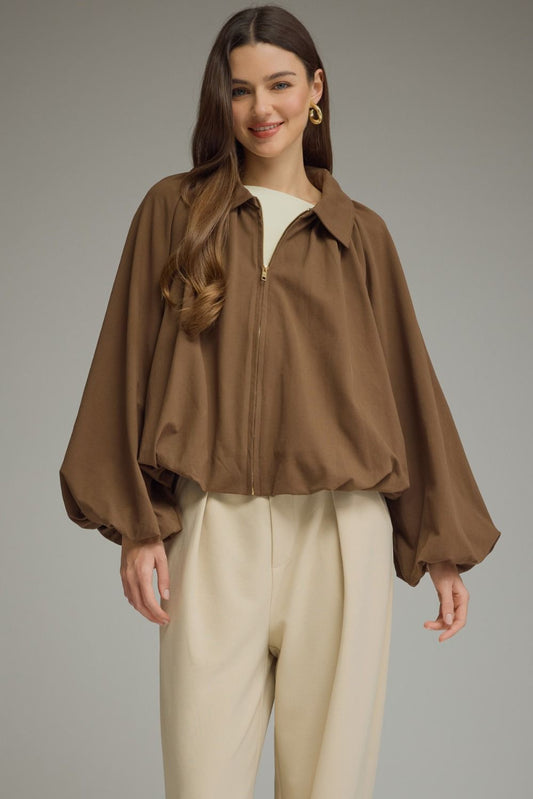 SOLID LONG SLEEVE JACKET ZIPPER CLOSURE - BROWN