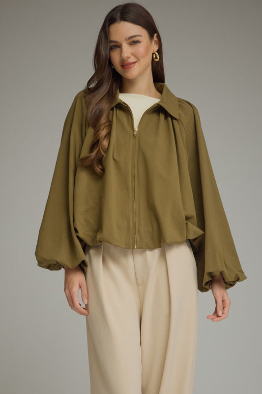 SOLID LONG SLEEVE JACKET ZIPPER CLOSURE - OLIVE