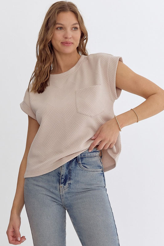 TEXTURED ROUND NECK CROPPED TOP - TAUPE