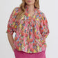 FLORAL PINK V NECK PUFF SLEEVE TOP - PINK MULTI