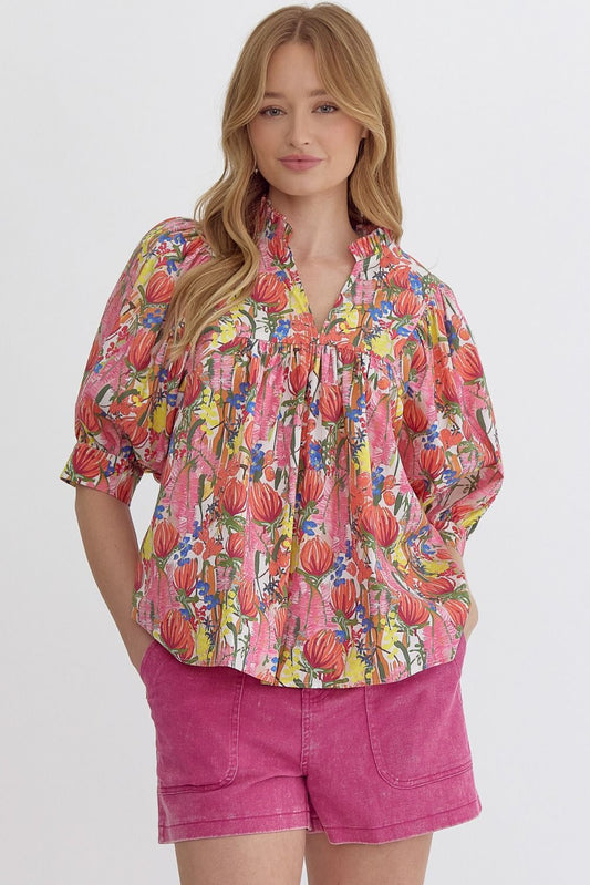 FLORAL PINK V NECK PUFF SLEEVE TOP - PINK MULTI