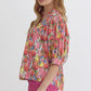 FLORAL PINK V NECK PUFF SLEEVE TOP - PINK MULTI