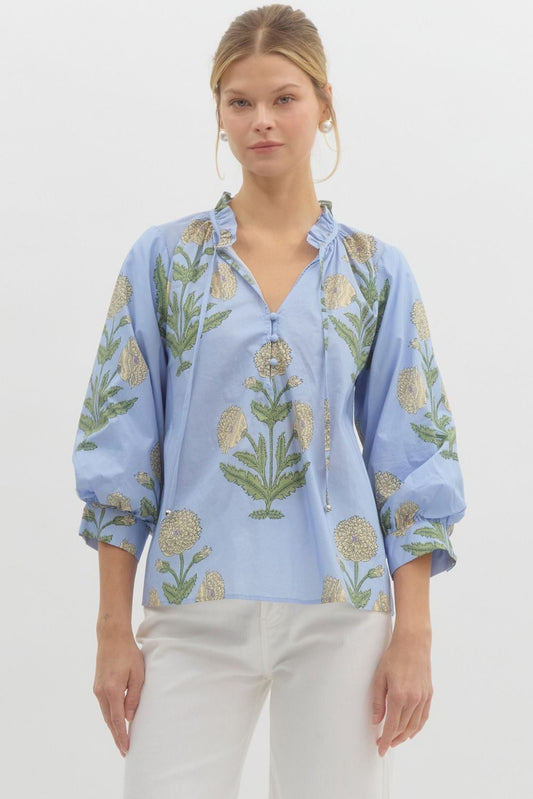3/4 SLEEVE TOP - BLUE FLORAL