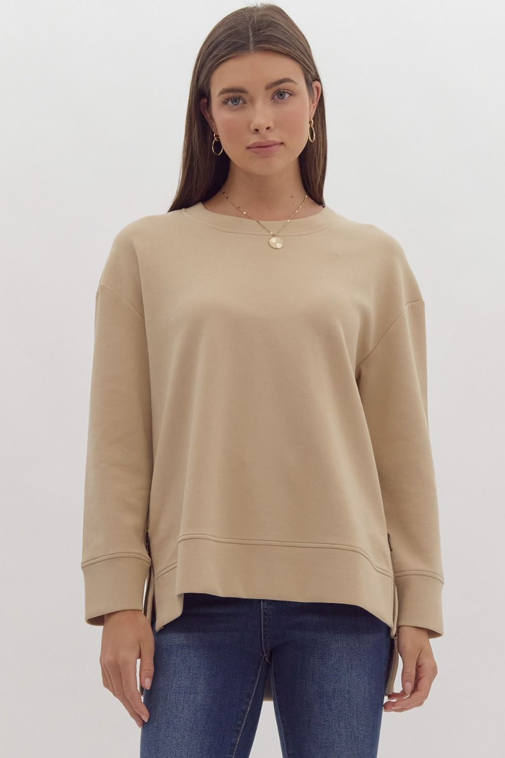 PULLOVER W/ ZIPPERED SPLIT HEM - TAUPE